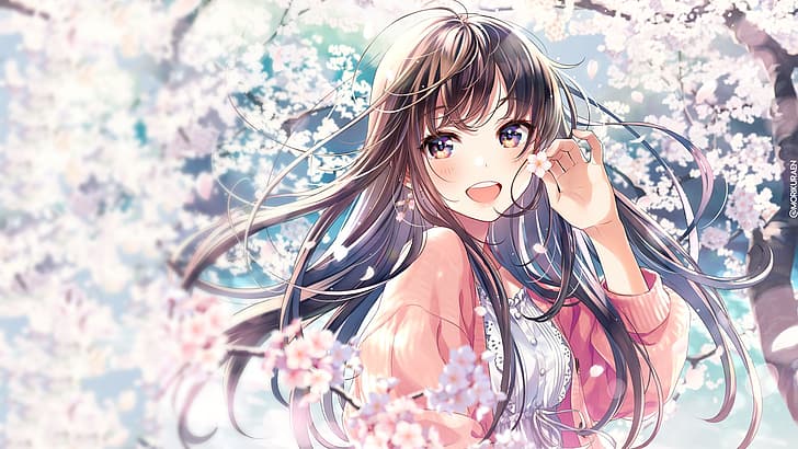 Morikura En, anime girls, cherry blossom, HD wallpaper
