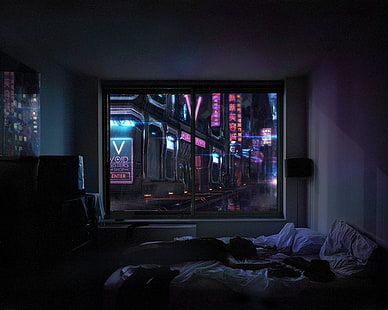 telewizor z płaskim ekranem, pokój, noc, neon, ludzie, Tapety HD HD wallpaper
