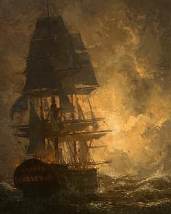  digital painting, boat, ship, Calder Moore, illustration, HD wallpaper HD wallpaper