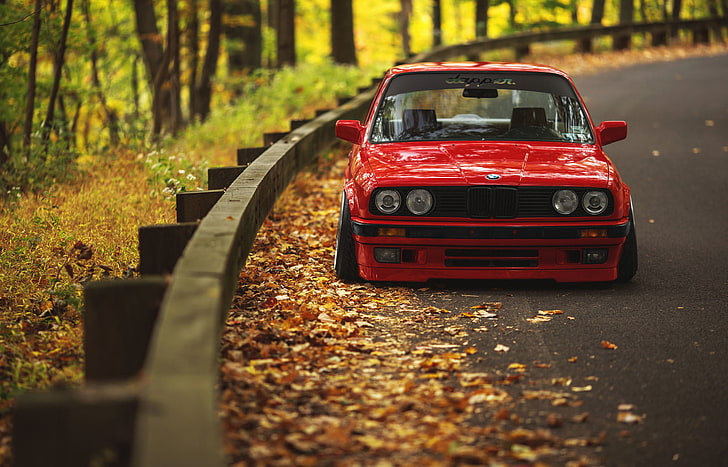 червена кола, път, есен, листа, BMW, E30, HD тапет