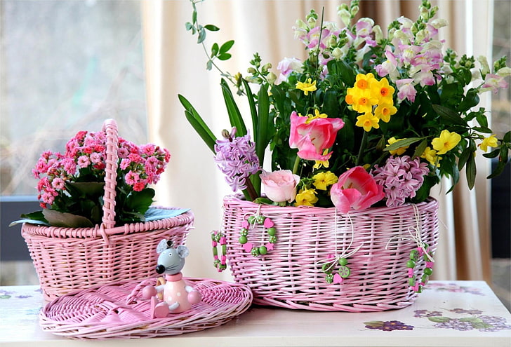 two pink wicker baskets, roses, hyacinths, daffodils, tulips, freesia, flowers, baskets, mouse, HD wallpaper