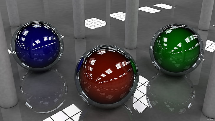 trois décors de boule bleue, rouge et verte, boule, colorée, forme, surface, lumières, verre, Fond d'écran HD