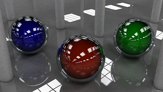 tre decorazioni per palline blu, rosse e verdi, palline, colorate, forma, superficie, luci, vetro, Sfondo HD HD wallpaper