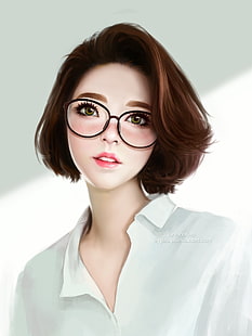 camisa de colarinho branco feminina, anime, meninas anime, cabelo curto, óculos, marca d'água, mulheres com óculos, HD papel de parede HD wallpaper