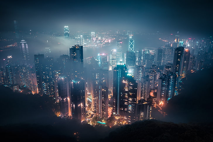 şehir ışıkları havadan fotoğrafçılığı, cityscape dijital duvar kağıdı, cityscape, sis, gece, Hong Kong, HD masaüstü duvar kağıdı