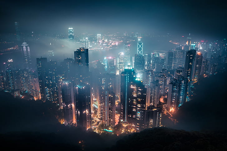 nuit, paysage urbain, Hong Kong, brume, Fond d'écran HD