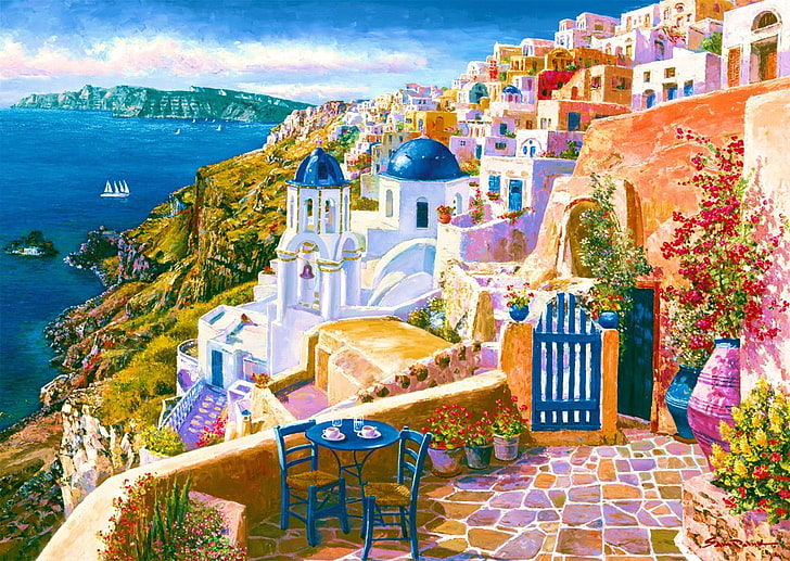 Artistic, Painting, Colors, Greece, House, Santorini, HD wallpaper