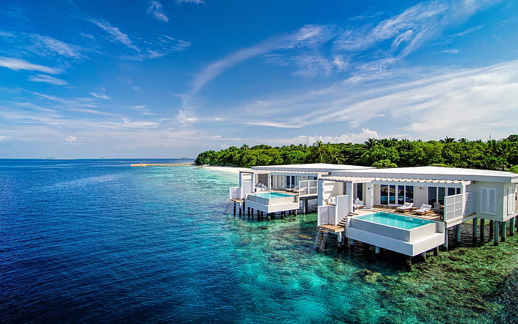 Amilla Fushi Exclusive Resort บ้านทึบสระว่ายน้ำระเบียงมองเห็นทะเลมหาสมุทรอินเดียมัลดีฟส์วอลล์เปเปอร์ HD 3840 × 2400, วอลล์เปเปอร์ HD