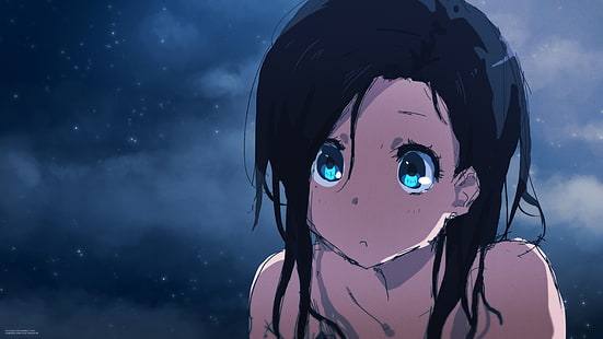 kobieta animowana, anime dziewczyny, długie włosy, niebieskie oczy, Tom Skender, oryginalne postacie, czarne włosy, Tapety HD HD wallpaper