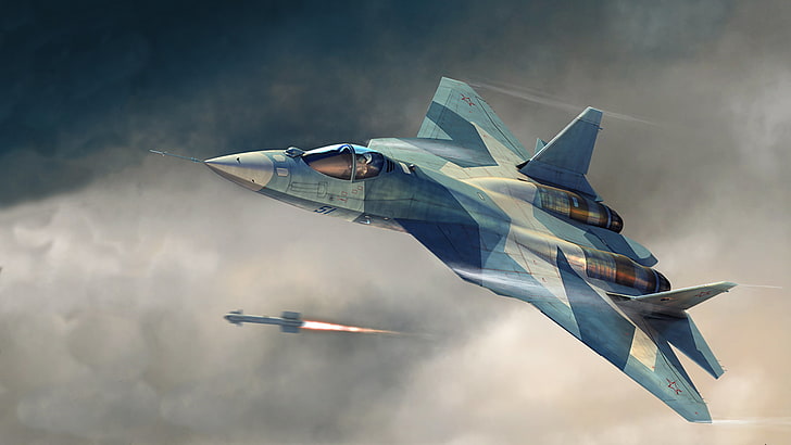 gray and white aircrafts, figure, shot, rocket, start, T-50, PAK FA, Sukhoi, The Russian air force, Russian multi-purpose fighter of the fifth generation, I-21, Promising aviation complex tactical aviation, HD wallpaper