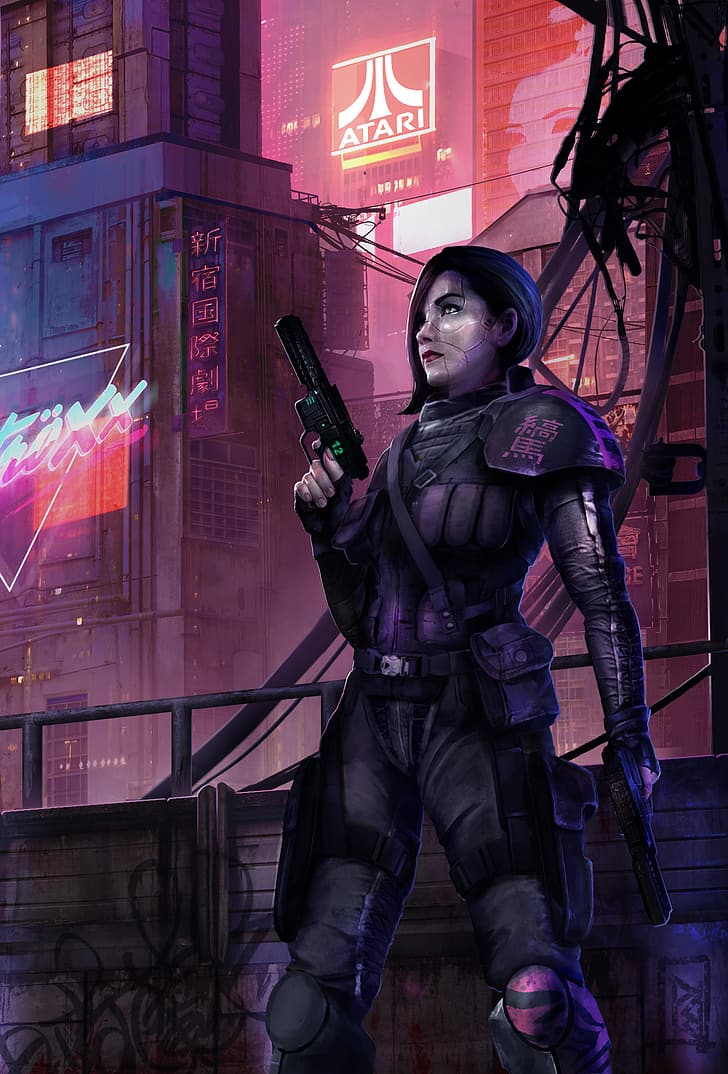 artwork, futuristic, science fiction, science fiction women, girls with guns, dark hair, standing, gun, weapon, city, Atari, logo, HD wallpaper