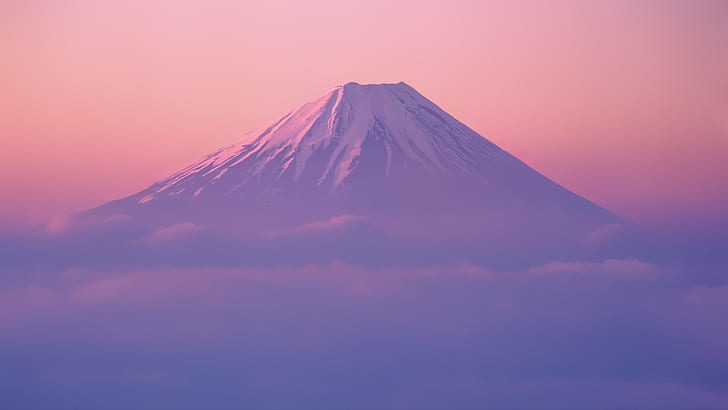 mgła, chmury, góry, krajobraz, zachód słońca, góra Fuji, Japonia, Tapety HD