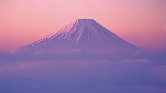 montaña y nubes, montaña nevada durante el día, montañas, paisaje, niebla, nubes, Monte Fuji, Japón, puesta de sol, Fondo de pantalla HD HD wallpaper