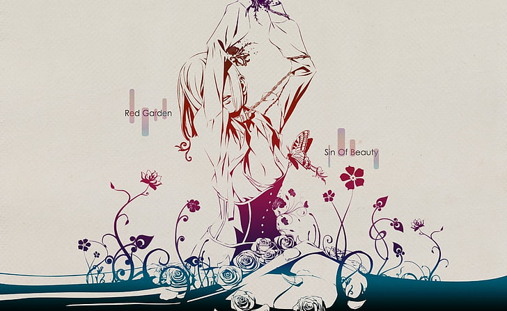 Roter Garten-Anime, Frau, die das langärmlige Oberteil umgeben mit Blumenillustration, Aero, Vektorkunst, Garten, Anime trägt, HD-Hintergrundbild