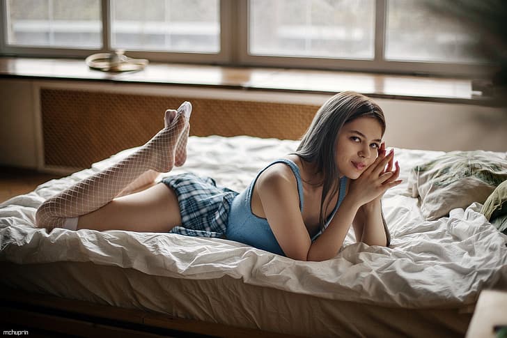 look, girl, pose, feet, bed, knee, Maya Shakhnazarov, Maksim Chuprin, HD wallpaper