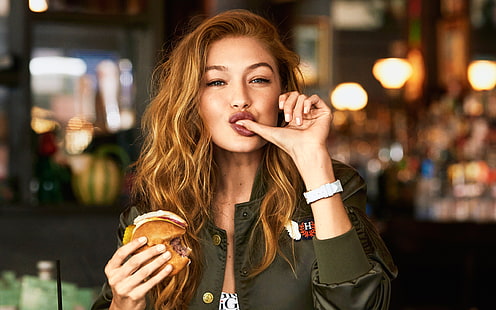 food, women, model, Gigi Hadid, redhead, hamburgers, HD wallpaper HD wallpaper