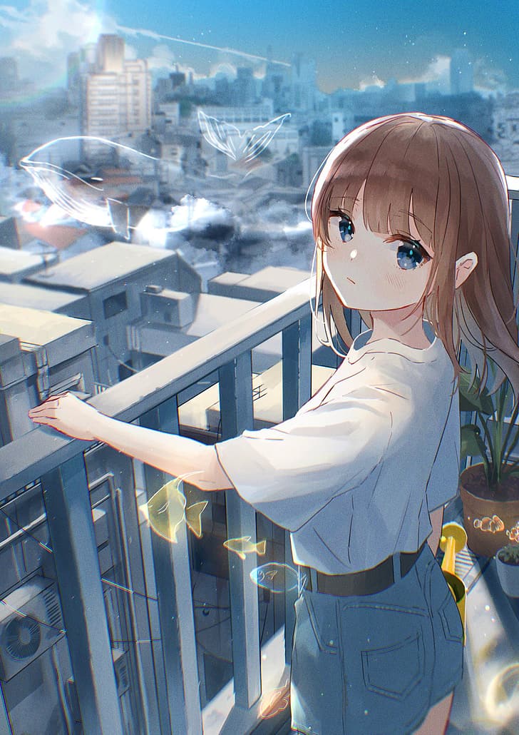 anime, anime girls, Oyuyu, balcony, HD wallpaper