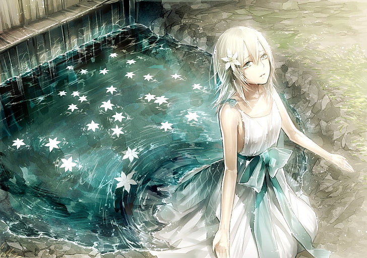 fond d'écran de personnage animé aux cheveux gris, NieR, Yonah (Nier), eau, fleurs, fleur dans les cheveux, robe blanche, ruban, filles d'anime, anime, Fond d'écran HD
