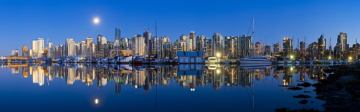 Cityscape, kota, refleksi, perahu, pelabuhan, Wallpaper HD