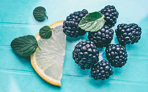 плодове от черни горски плодове, мента, къпина, лимон, HD тапет HD wallpaper