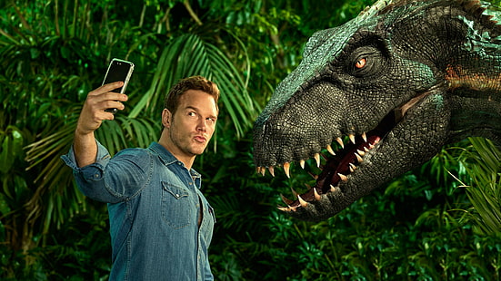 Chris Pratt, Mundo Jurássico: Reino Caído, Chris Pratt, dinossauro, 4k, HD papel de parede HD wallpaper