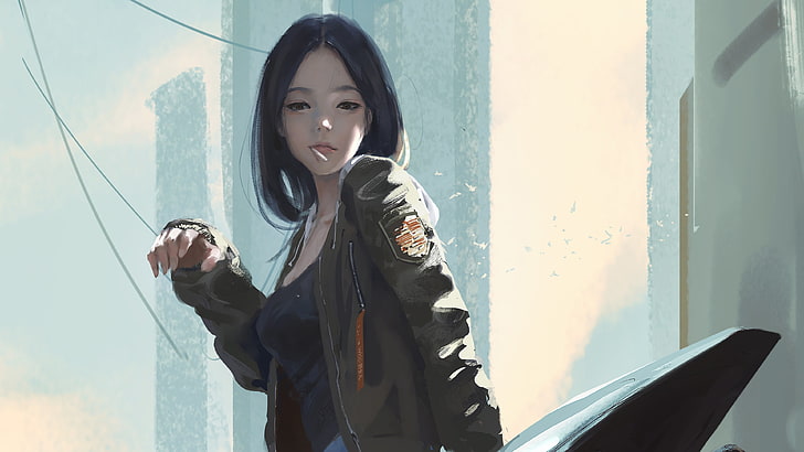 black haired girl anime character illustration, WLOP, anime girls, artwork, jacket, tank top, lollipop, digital art, HD wallpaper