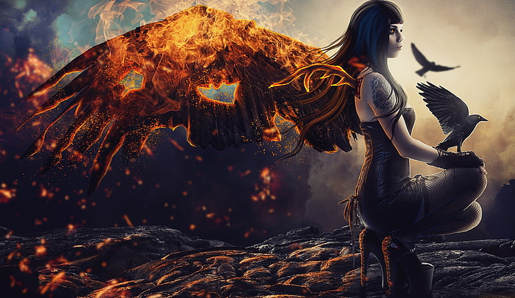 wanita dengan ilustrasi sayap terbakar, sayap, karya seni, gagak, api, Wallpaper HD