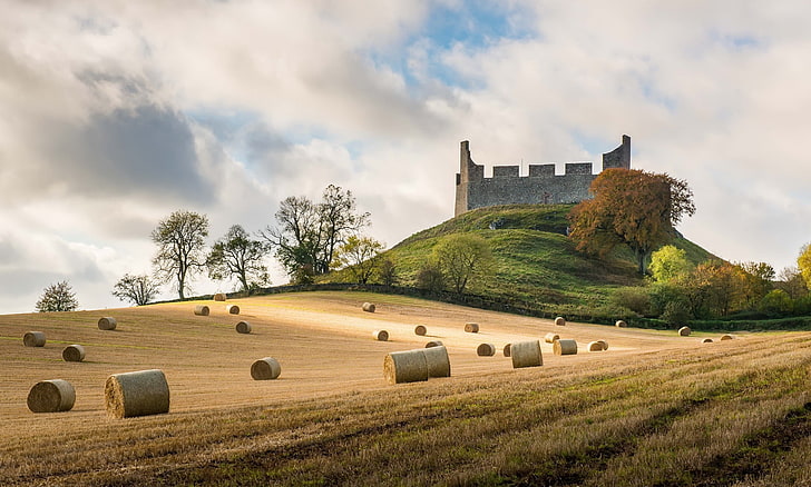 field of hay, Scotland, castle, field, landscape, sunlight, hills, trees, nature, clouds, yellow, HD wallpaper