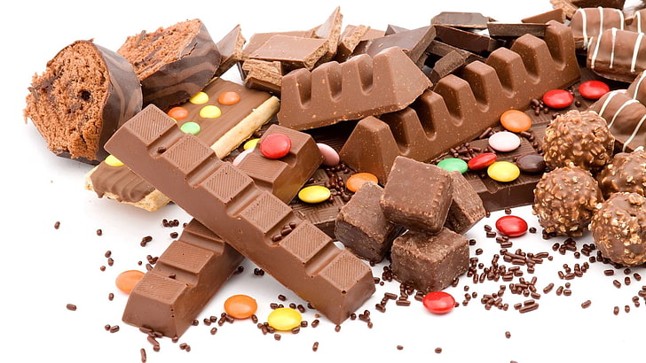 партида шоколадови блокчета, шоколад, сладкиши, драже, сладки, HD тапет