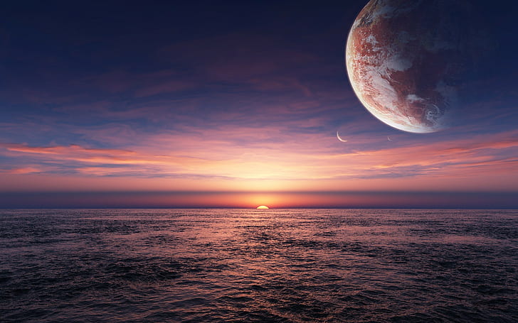 Meer, Planet, Mond, Sonnenuntergang, Sonne, Fantasiekunst, Himmel, digitale Kunst, HD-Hintergrundbild
