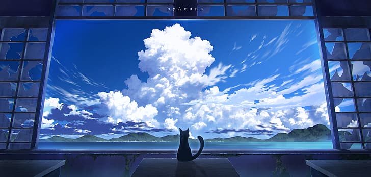 ศิลปะดิจิตอล งานศิลปะ ภาพประกอบ หน้าต่าง แมว สัตว์ ภูมิทัศน์ เมฆ ทะเล น้ำ ภูเขา, วอลล์เปเปอร์ HD