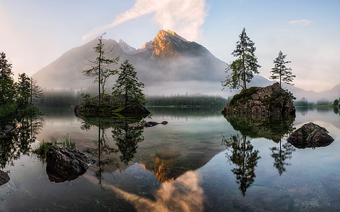 Natur, Landschaft, See, Nebel, Wald, Bäume, Reflexion, Wasser, Berge, HD-Hintergrundbild HD wallpaper
