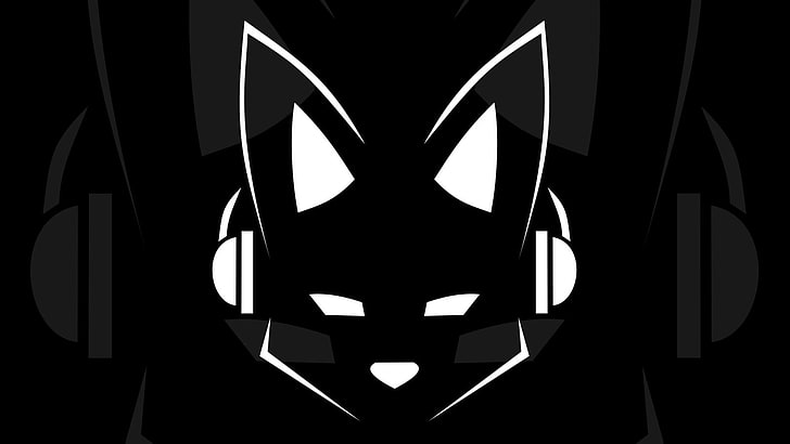 черно-белая кошка с наушниками картинки, минимализм, пушистый, музыка, Lapfox, Lapfox Trax, наушники, HD обои