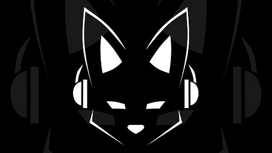 черно-бяла котка със слушалки картинки, минимализъм, космат, музика, Lapfox, Lapfox Trax, слушалки, HD тапет HD wallpaper
