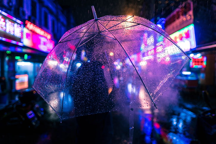 city, people, umbrella, dark, rain, neon lights, HD wallpaper