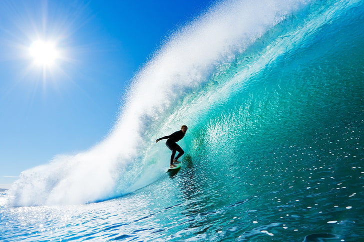 men's black thermal wetsuit, waves, nature, surfing, HD wallpaper