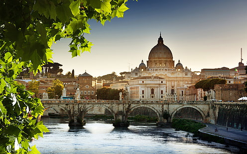 Cathedral, river, bridge, Vatican, Rome, Italy, beige concrete bridge, Cathedral, River, Bridge, Vatican, Rome, Italy, HD wallpaper HD wallpaper