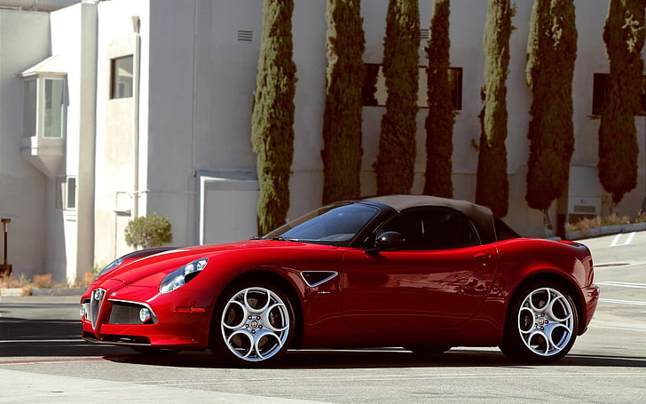 red convertible coupe, alfa romeo, red, convertible, building, trees, HD wallpaper