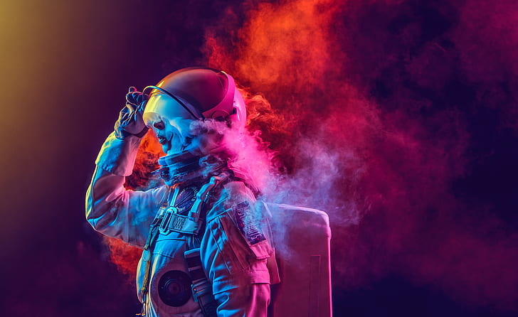astronauta, fumo, fumo colorato, NASA, spazio, donne, tim tadder, fotografia, effetti di luce, Adobe, adobe after effects, neon, neon glow, female astronaut, Sfondo HD