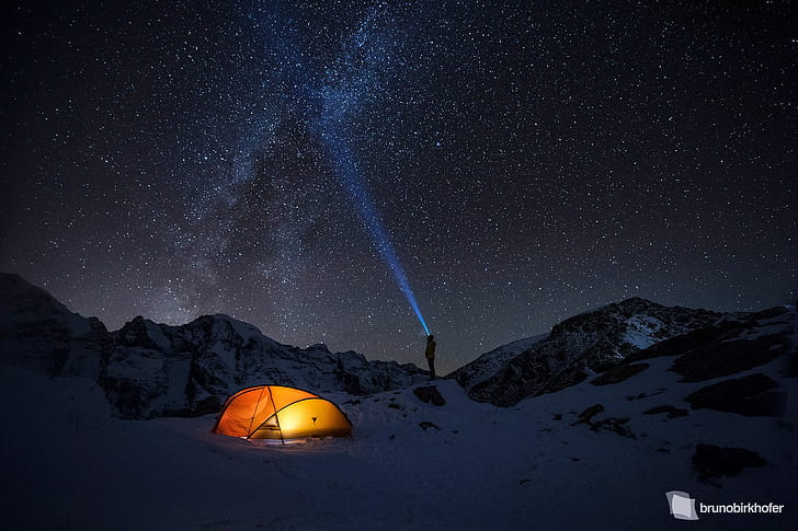 Bruno Birkhofer, mężczyźni, noc, niebo, gwiazdy, namiot, ciemność, śnieg, góry, Tapety HD