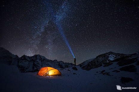 Bruno Birkhofer, män, natt, himmel, stjärnor, tält, mörk, snö, berg, HD tapet HD wallpaper