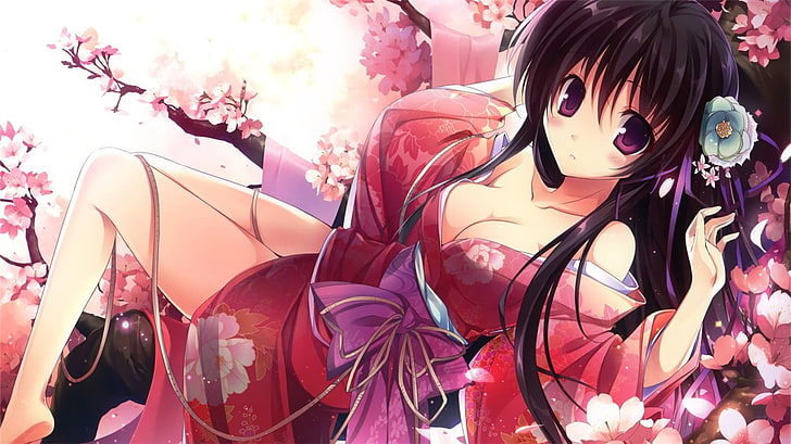 anime girls, Touhou, Citrus (manga), cleavage, kimono, cherry blossom, HD wallpaper