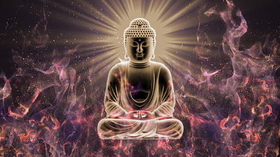 بوذا يجلس عيون مغلقة الرقمية فن البوذية التأمل النار متوهجة غير واضحة كسورية مجردة، خلفية HD HD wallpaper