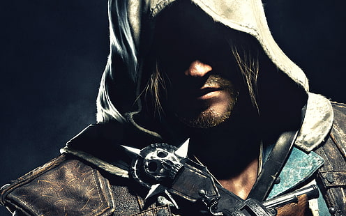 เสื้อคอลูกเรือสีดำและสีขาววิดีโอเกมตัวละครในวิดีโอเกม Assassin's Creed Black Flag, Edward Kenway, Assassin's Creed, วอลล์เปเปอร์ HD HD wallpaper