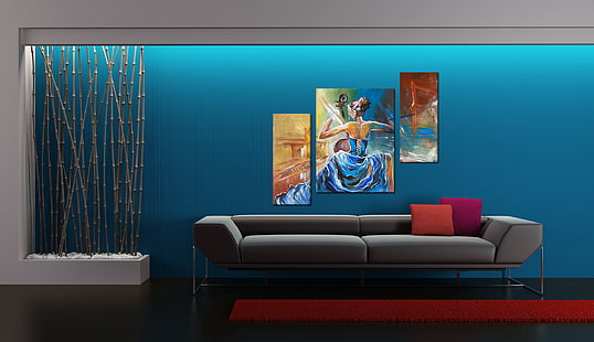 серый диван, дизайн, стиль, диван, интерьер, бамбук, картины, HD обои HD wallpaper
