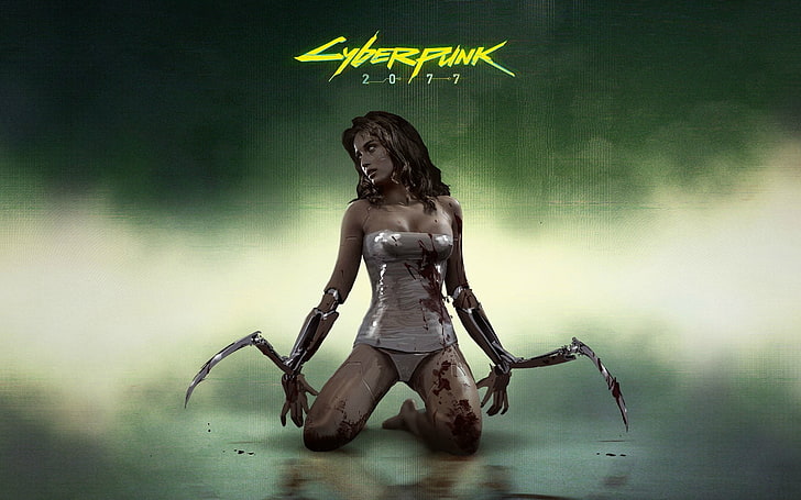 Plakat Cyber ​​Punk 2077, dziewczyna, krew, ostrze, cyborg, CD Projekt RED, Cyberpunk 2077, Tapety HD