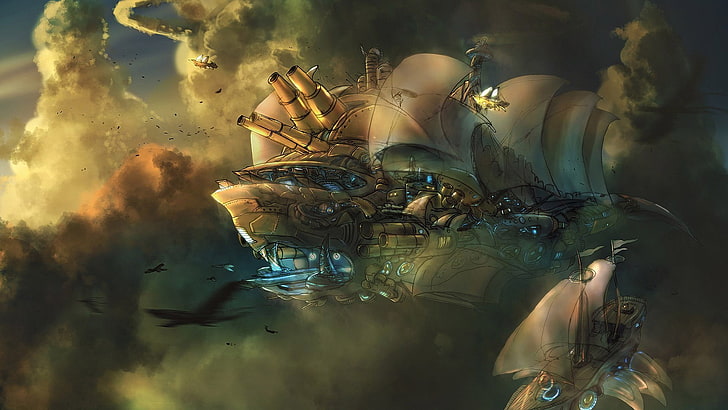 two airships digital wallpaper, artwork, fantasy art, concept art, steampunk, aircraft, clouds, HD wallpaper