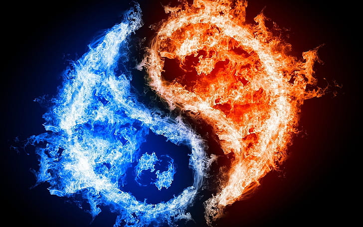 Fire And Ice HD, api merah dan biru yinyang, abstrak, api, es, dan, Wallpaper HD