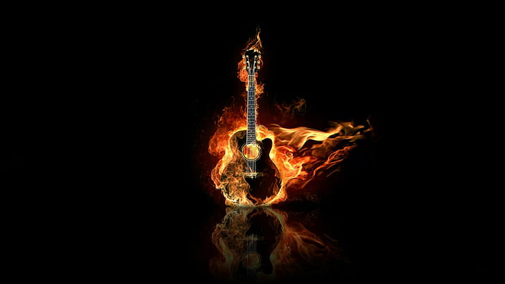 기타에 불, 화상, 기타, 음악, 불, 3d 및 초록, HD 배경 화면