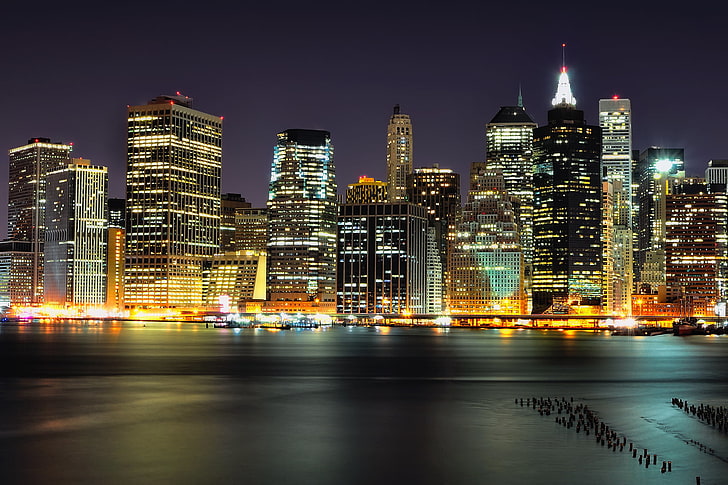 city buildings, lights, skyscrapers, Brooklyn, Night, Manhattan, NYC, Lower, Columbia, Heights, HD wallpaper